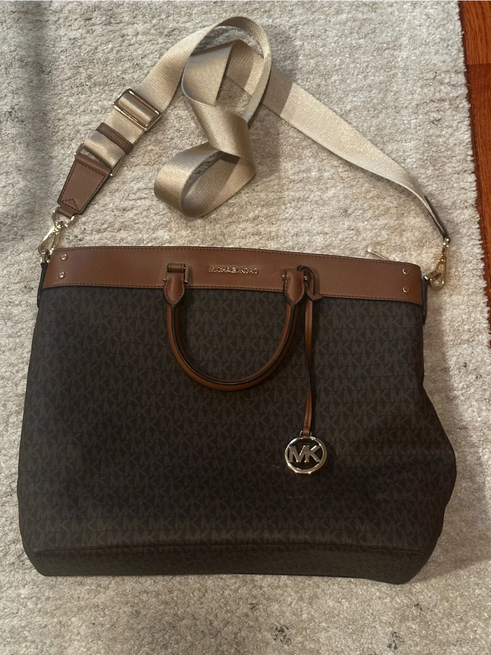 Michael Kors Gold Logo & Brown Leather Messenger with Beige Strap
